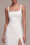 Simple White Satin A Line Thick Straps Long Engagement Dress with Slit