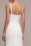 Simple White Satin A Line Thick Straps Long Engagement Dress with Slit