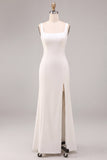 Simple White Satin A Line Thick Straps Long Engagement Dress with Slit
