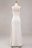 Simple White Satin A Line Thick Straps Long Engagement Dress with Slit