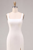 Simple White Satin A Line Thick Straps Long Engagement Dress with Slit