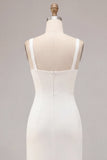 Simple White Satin A Line Thick Straps Long Engagement Dress with Slit