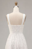 White Jacquard A Line Keyhole Midi Wedding Reception Dress with Pockets