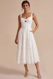 White Jacquard A Line Keyhole Midi Wedding Reception Dress with Pockets