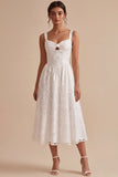 White Jacquard A Line Keyhole Midi Wedding Reception Dress with Pockets