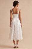 White Jacquard A Line Keyhole Midi Wedding Reception Dress with Pockets