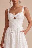 White Jacquard A Line Keyhole Midi Wedding Reception Dress with Pockets