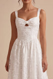 White Jacquard A Line Keyhole Midi Wedding Reception Dress with Pockets