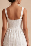White Jacquard A Line Keyhole Midi Wedding Reception Dress with Pockets
