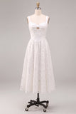 White Jacquard A Line Keyhole Midi Wedding Reception Dress with Pockets