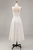 White Jacquard A Line Keyhole Midi Wedding Reception Dress with Pockets
