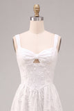 White Jacquard A Line Keyhole Midi Wedding Reception Dress with Pockets