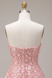 Sparkly Pink Sequins Floral A-Line Strapless Short Cocktail Dress