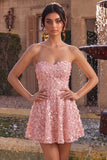 Sparkly Pink Sequins Floral A-Line Strapless Short Cocktail Dress