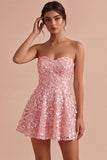 Sparkly Pink Sequins Floral A-Line Strapless Short Cocktail Dress