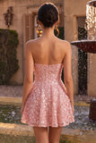 Sparkly Pink Sequins Floral A-Line Strapless Short Cocktail Dress