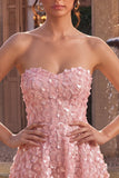 Sparkly Pink Sequins Floral A-Line Strapless Short Cocktail Dress