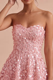 Sparkly Pink Sequins Floral A-Line Strapless Short Cocktail Dress