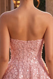 Sparkly Pink Sequins Floral A-Line Strapless Short Cocktail Dress