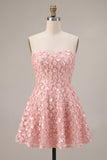 Sparkly Pink Sequins Floral A-Line Strapless Short Cocktail Dress