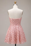 Sparkly Pink Sequins Floral A-Line Strapless Short Cocktail Dress