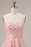 Sparkly Pink Sequins Floral A-Line Strapless Short Cocktail Dress