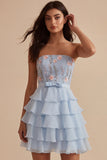 Sky Blue Floral Ruffled Tiered Strapless A-Line Short Cocktail Dress with Bow