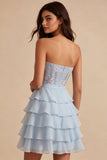 Sky Blue Floral Ruffled Tiered Strapless A-Line Short Cocktail Dress with Bow