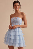 Sky Blue Floral Ruffled Tiered Strapless A-Line Short Cocktail Dress with Bow