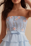 Sky Blue Floral Ruffled Tiered Strapless A-Line Short Cocktail Dress with Bow