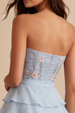 Sky Blue Floral Ruffled Tiered Strapless A-Line Short Cocktail Dress with Bow