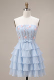 Sky Blue Floral Ruffled Tiered Strapless A-Line Short Cocktail Dress with Bow