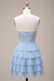 Sky Blue Floral Ruffled Tiered Strapless A-Line Short Cocktail Dress with Bow