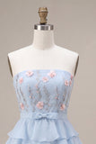 Sky Blue Floral Ruffled Tiered Strapless A-Line Short Cocktail Dress with Bow