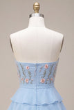 Sky Blue Floral Ruffled Tiered Strapless A-Line Short Cocktail Dress with Bow