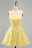 Light Yellow Sparkly Beaded Floral Thick Straps A-Line Short Cocktail Dress