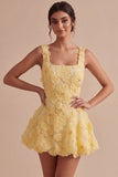 Light Yellow Sparkly Beaded Floral Thick Straps A-Line Short Cocktail Dress