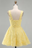 Light Yellow Sparkly Beaded Floral Thick Straps A-Line Short Cocktail Dress