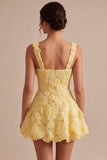 Light Yellow Sparkly Beaded Floral Thick Straps A-Line Short Cocktail Dress