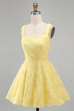 Light Yellow Sparkly Beaded Floral Thick Straps A-Line Short Cocktail Dress