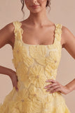 Light Yellow Sparkly Beaded Floral Thick Straps A-Line Short Cocktail Dress
