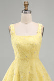 Light Yellow Sparkly Beaded Floral Thick Straps A-Line Short Cocktail Dress