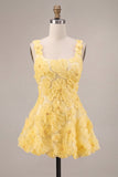 Light Yellow Sparkly Beaded Floral Thick Straps A-Line Short Cocktail Dress