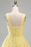Light Yellow Sparkly Beaded Floral Thick Straps A-Line Short Cocktail Dress