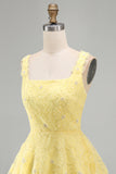 Light Yellow Sparkly Beaded Floral Thick Straps A-Line Short Cocktail Dress