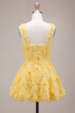 Light Yellow Sparkly Beaded Floral Thick Straps A-Line Short Cocktail Dress