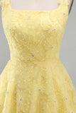 Light Yellow Sparkly Beaded Floral Thick Straps A-Line Short Cocktail Dress