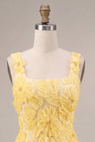 Light Yellow Sparkly Beaded Floral Thick Straps A-Line Short Cocktail Dress