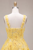 Light Yellow Sparkly Beaded Floral Thick Straps A-Line Short Cocktail Dress