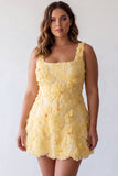 Light Yellow Sparkly Beaded Floral Thick Straps A-Line Short Cocktail Dress